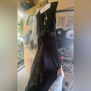 Black Women's V-Neck pvc belt Sleeveless split front Dress